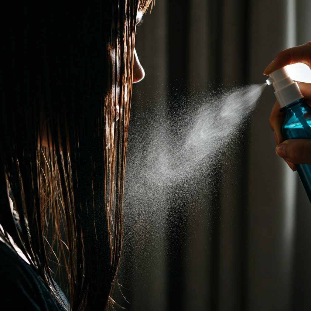 Close-up shot of a woman's hand gently misting curtain bangs with a spray bottle. Soft, diffused light from a nearby window creates a subtle glow on the hair. Focus is on the texture of the damp hair and the fine mist.