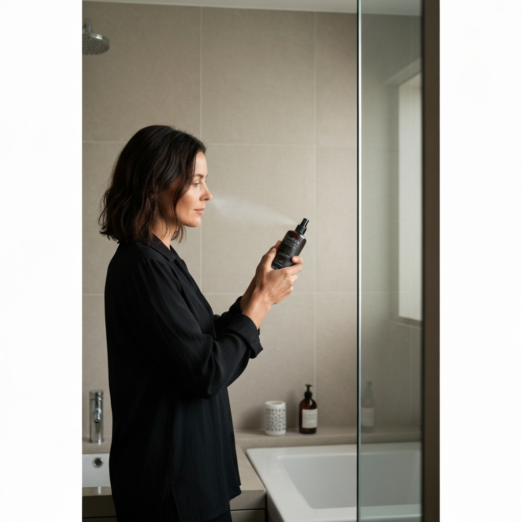 A woman standing in a well-lit bathroom, holding a heat protectant spray bottle. The bathroom has clean, modern lines. Focus is on the product label and the woman's focused expression as she prepares to spray her hair.