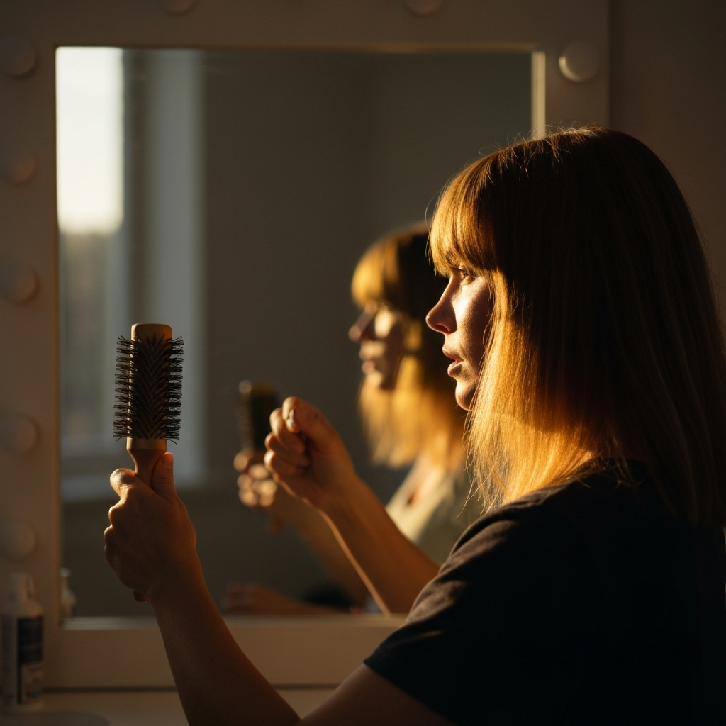 Side view of a woman in front of a vanity mirror, blow-drying her curtain bangs with a round brush. Golden hour lighting streams in from the window, highlighting the hair's texture. The background is blurred with a soft bokeh effect.