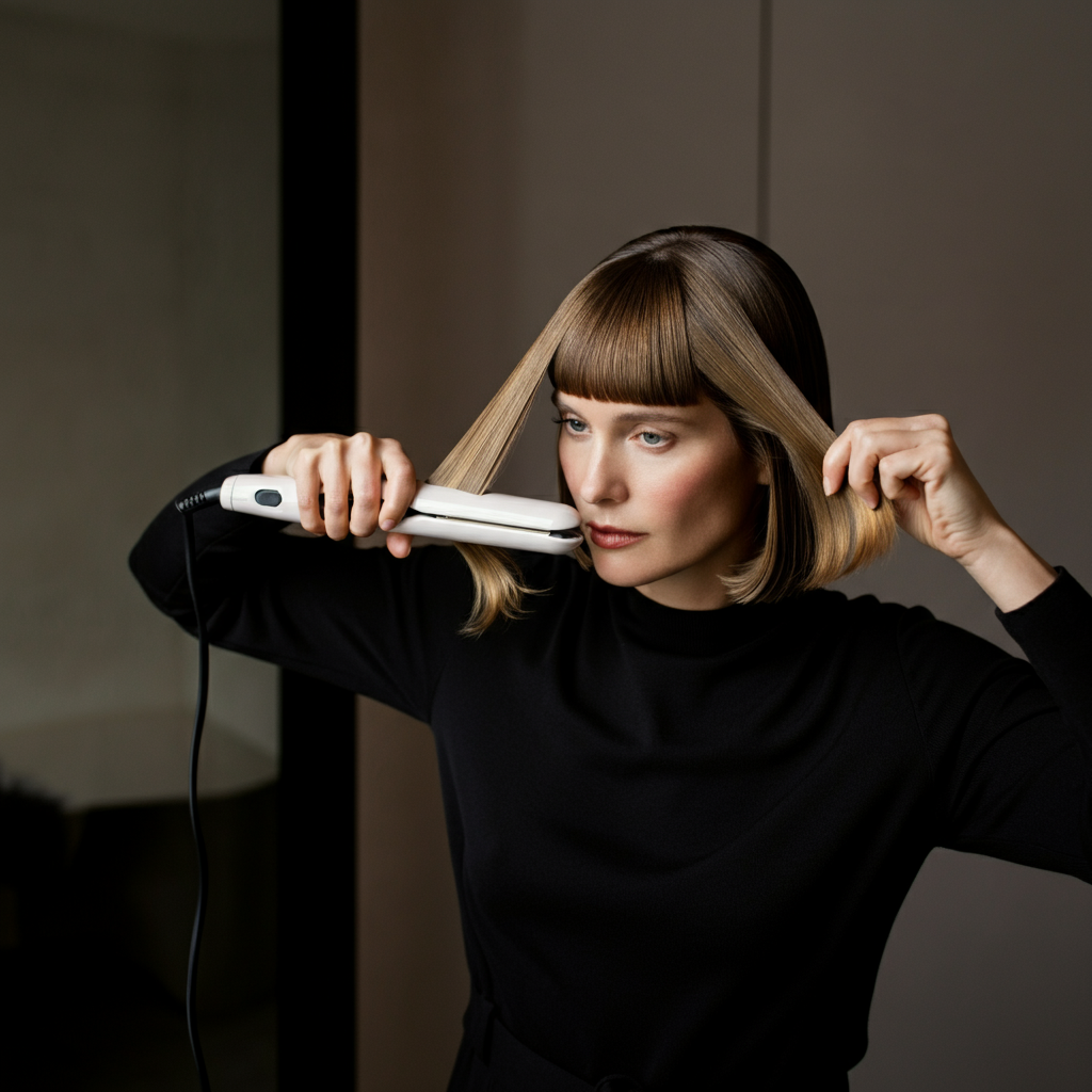 A woman carefully gliding a flat iron through a section of her curtain bangs, creating a soft curve. Her expression is focused and precise. The lighting is soft and even, highlighting the shine of the hair.