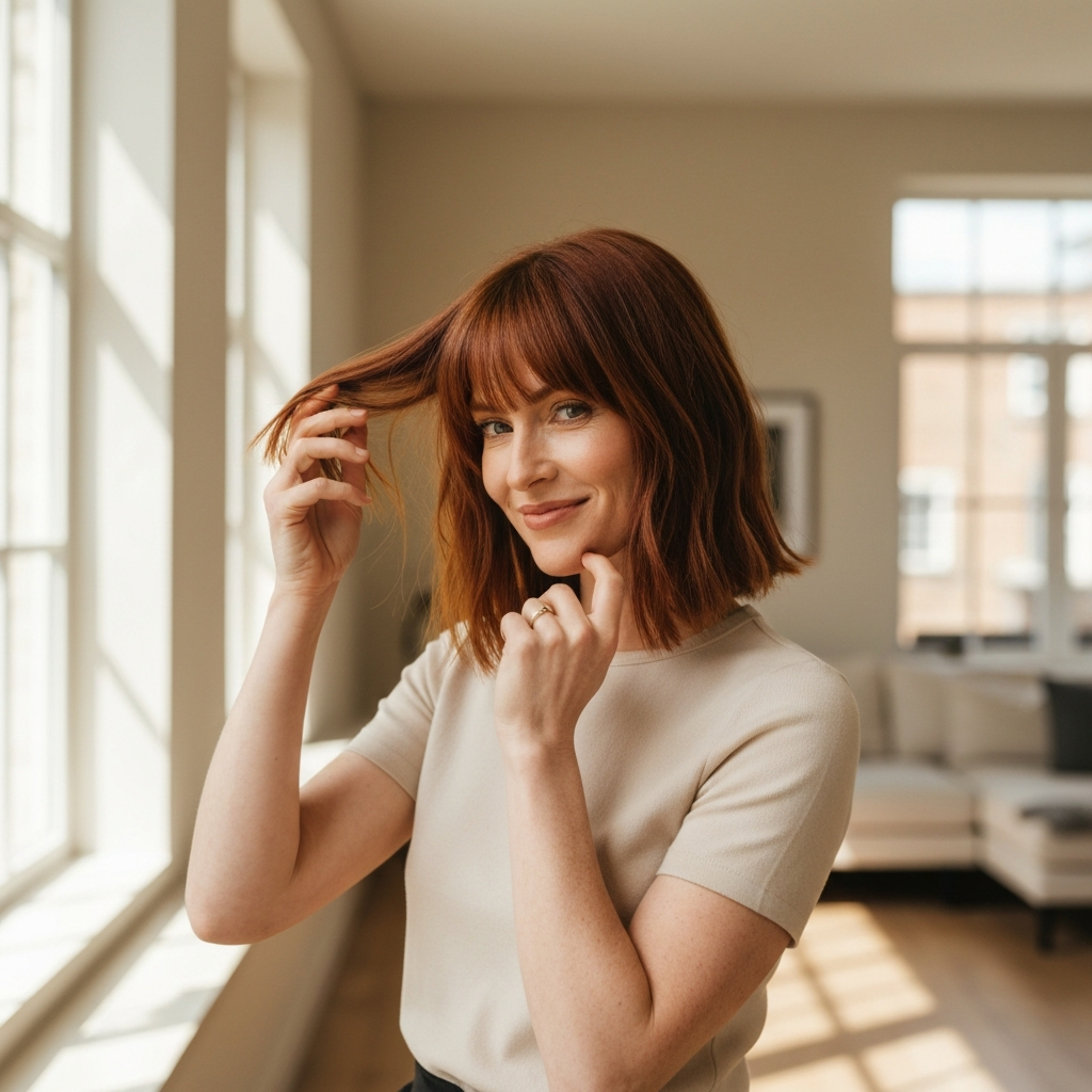 A woman gently tousling her curtain bangs with her fingers after styling with a flat iron. Her smile is subtle and confident. The background is a clean, minimalist living space with natural light.