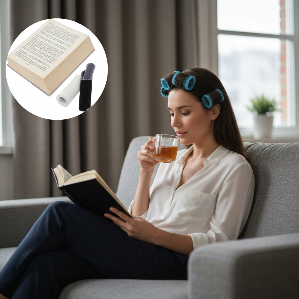 A woman sitting comfortably in her living room, with velcro rollers in her curtain bangs. She's reading a book and sipping tea, showcasing a relaxed and natural setting. The room is warmly lit with soft, ambient light.