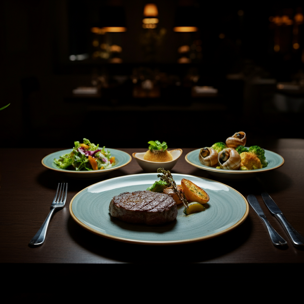 A brightly lit, modern restaurant. Soft focus on a beautifully plated steak, a vibrant salad, a plate of escargots, and a small buffet section, each with subtle yet distinct lighting.