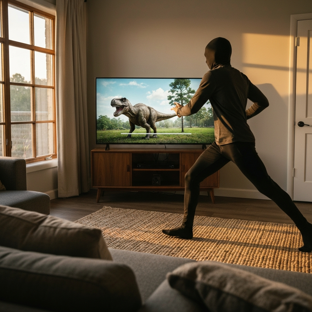 A comfortable living room with a large television screen displaying a paused scene from a dinosaur movie. Soft, warm lighting with a focus on the textures of a plush couch and a woven rug.