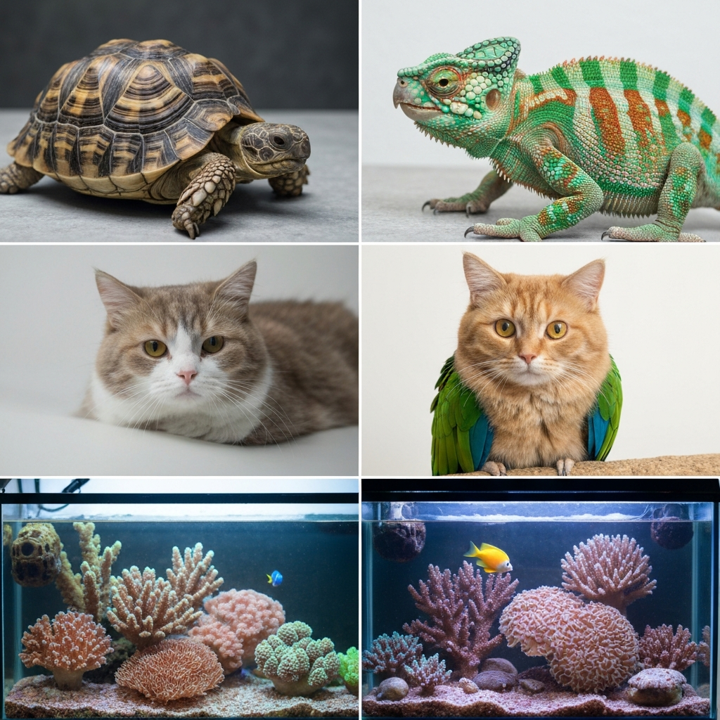 A bright and airy pet store. Close-ups showcasing the textures and colors of a tortoise's shell, a chameleon's skin, a parrot's feathers, a cat's fur, and a fish tank with vibrant coral and fish.