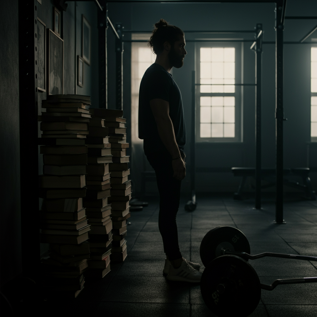 A side-lit study with books stacked neatly, alongside a dimly lit gym with barbells and weights on the floor.