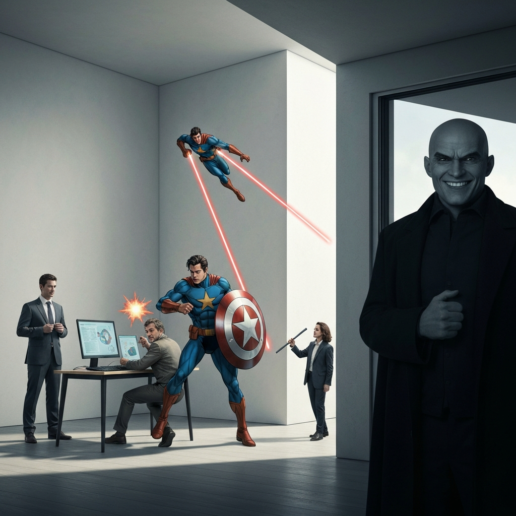 A comic book illustration setup. A hero flying and shooting lasers, another with a shield defending civilians, a third in a lab designing an attack. Villain standing in the shadows with an evil grin.