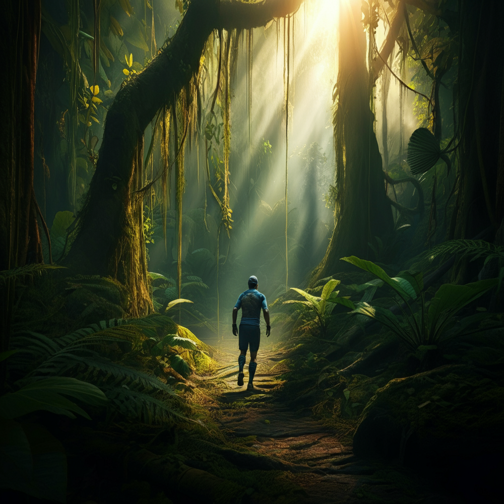 A panoramic view of a prehistoric jungle. Sunlight piercing through dense foliage, illuminating a lone figure cautiously navigating the landscape.