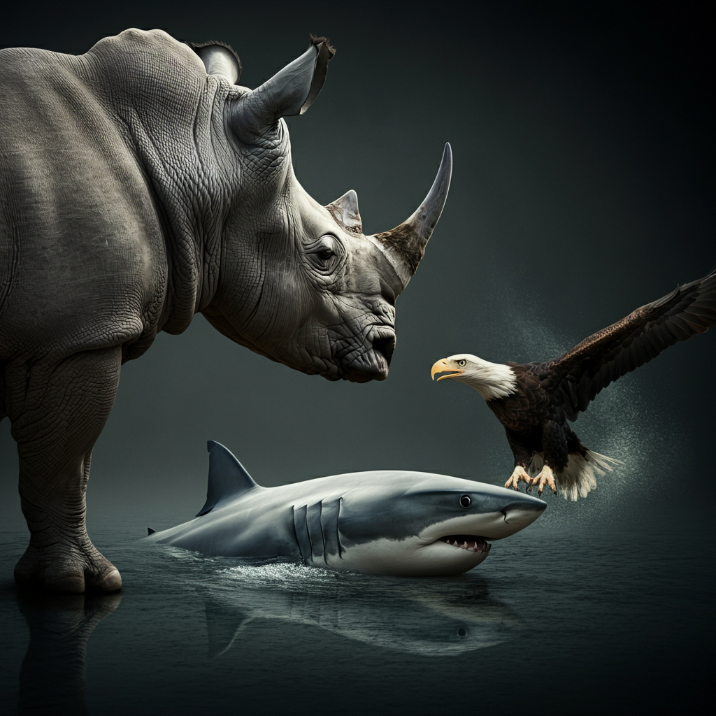 A nature documentary filming scene. Close-ups of a rhinoceros charging, a wolf howling, a shark swimming, and an eagle soaring, all captured with sharp focus and natural color grading.