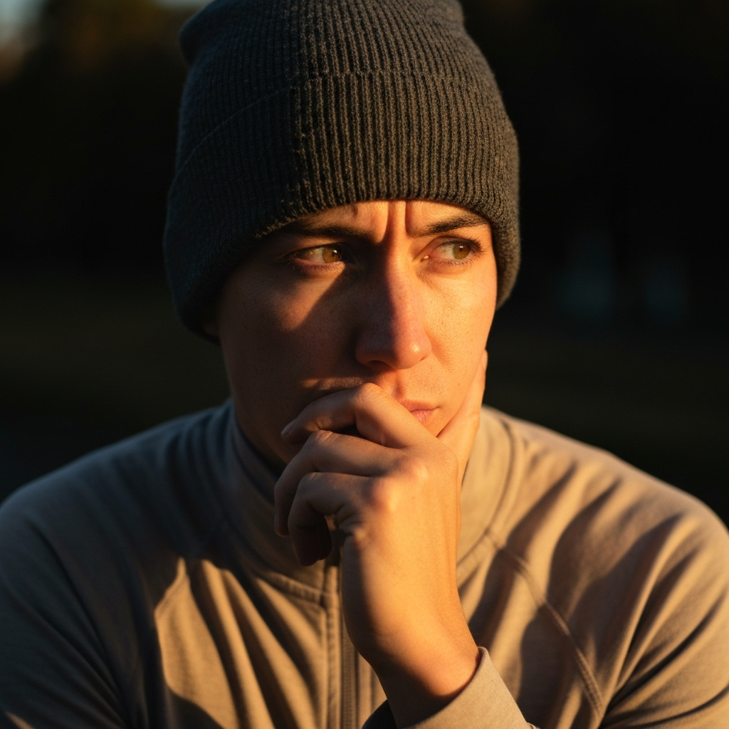 A person's face, partially obscured by a hand thoughtfully resting on their chin. The lighting is natural and soft. The expression is one of contemplation. They are looking slightly off-camera, as if pondering a question.