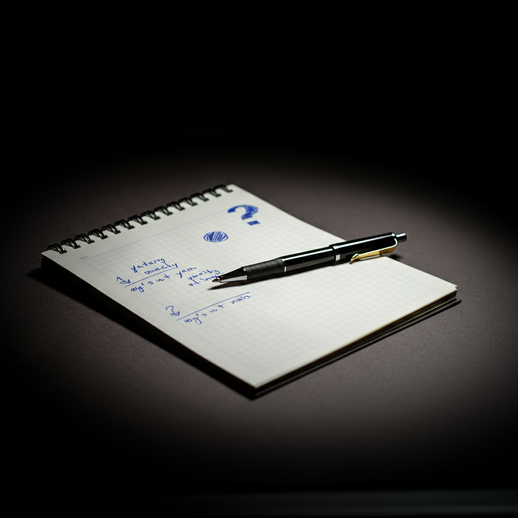 A notepad and pen on a desk. The notepad is open to a page with a few scribbled notes and a question mark. The lighting is bright and professional, suggesting a workspace.