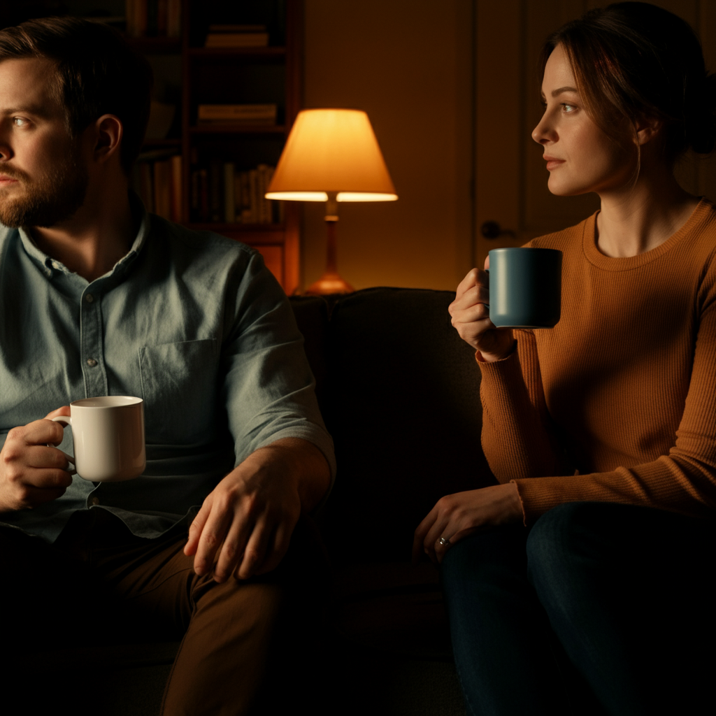 A warmly lit living room. A woman sits next to a man on a comfortable sofa, both holding mugs. Soft focus on the background with a bookshelf and a table lamp casting a gentle glow.