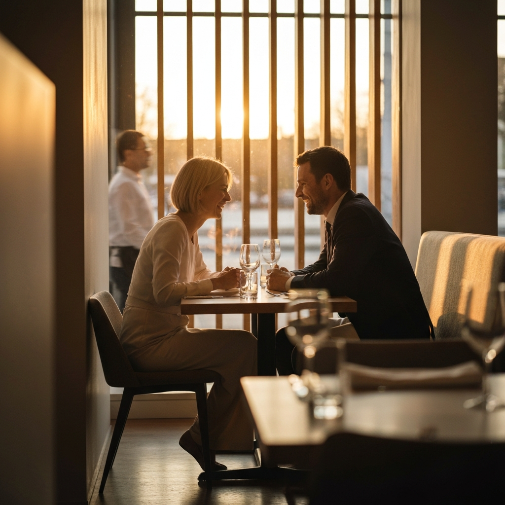 A restaurant scene. A couple is seated at a table near the window during sunset. The light is golden and warm. They are laughing and looking into each other's eyes. Bokeh effect on the people walking past the window.