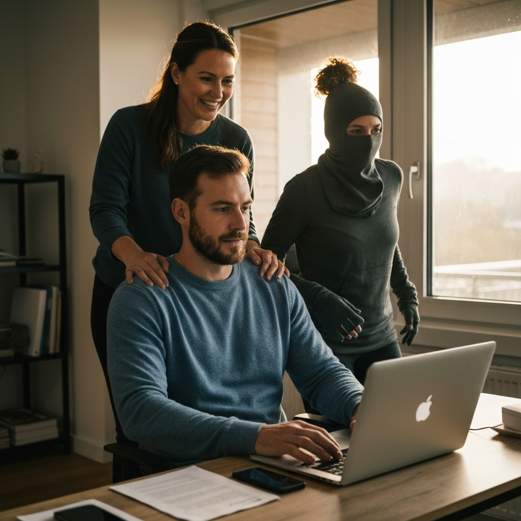 A man is working on a laptop in a home office with lots of natural light. A woman is standing behind him with her hand on his shoulder, smiling encouragingly. The room has a focused, professional atmosphere.