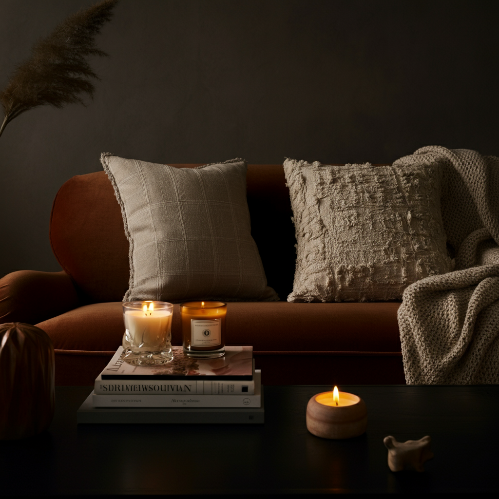 A living room with soft, diffused lighting. A plush sofa is adorned with textured pillows and a knitted blanket. A coffee table holds a stack of books and a fragrant candle. The room exudes a sense of calm and relaxation.