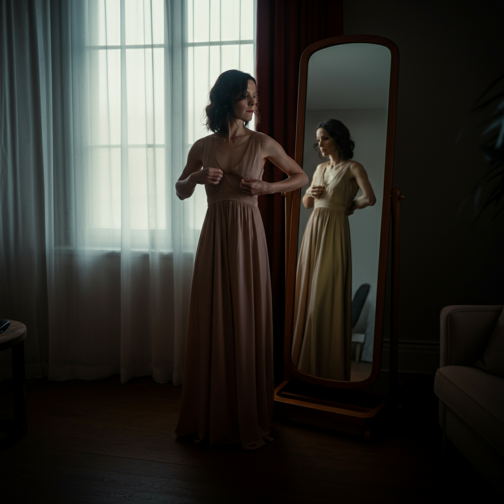 A woman is standing in front of a full-length mirror, adjusting her dress. The room is brightly lit with natural light. The dress is stylish and elegant, but not overly revealing. The overall impression is one of understated sophistication.