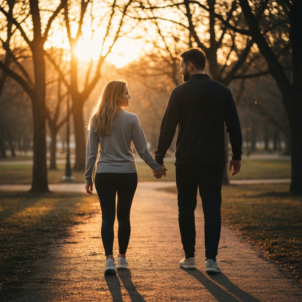 A couple is walking hand-in-hand through a park at sunset. The scene is peaceful and serene, with soft golden light filtering through the trees. They appear to be enjoying a regular, comfortable routine.