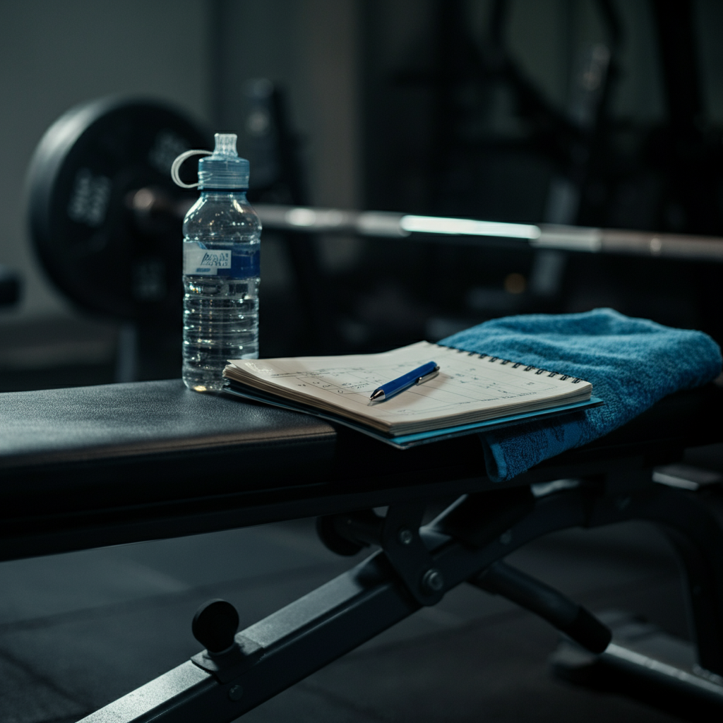 Gym interior, workout plan written on a notepad sits atop a water bottle and towel on a weight bench. Soft focus on background weightlifting equipment.