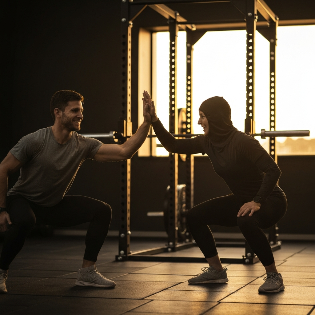 Two friends high-fiving after a successful set of squats. Focused background on the weight rack.