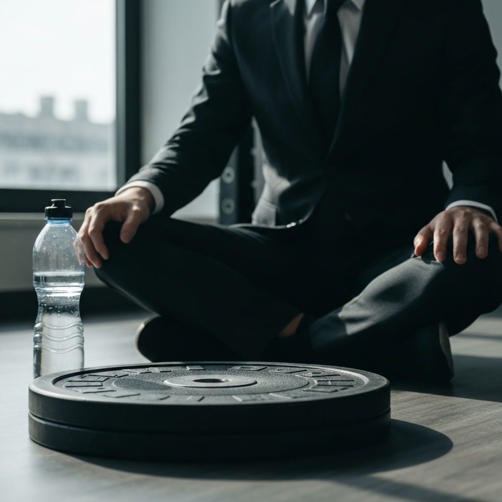 Empty weightlifting platform, bathed in soft natural light. Empty water bottle on the side.