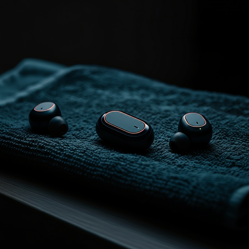 Close-up of wireless earbuds on a gym towel, ambient light.