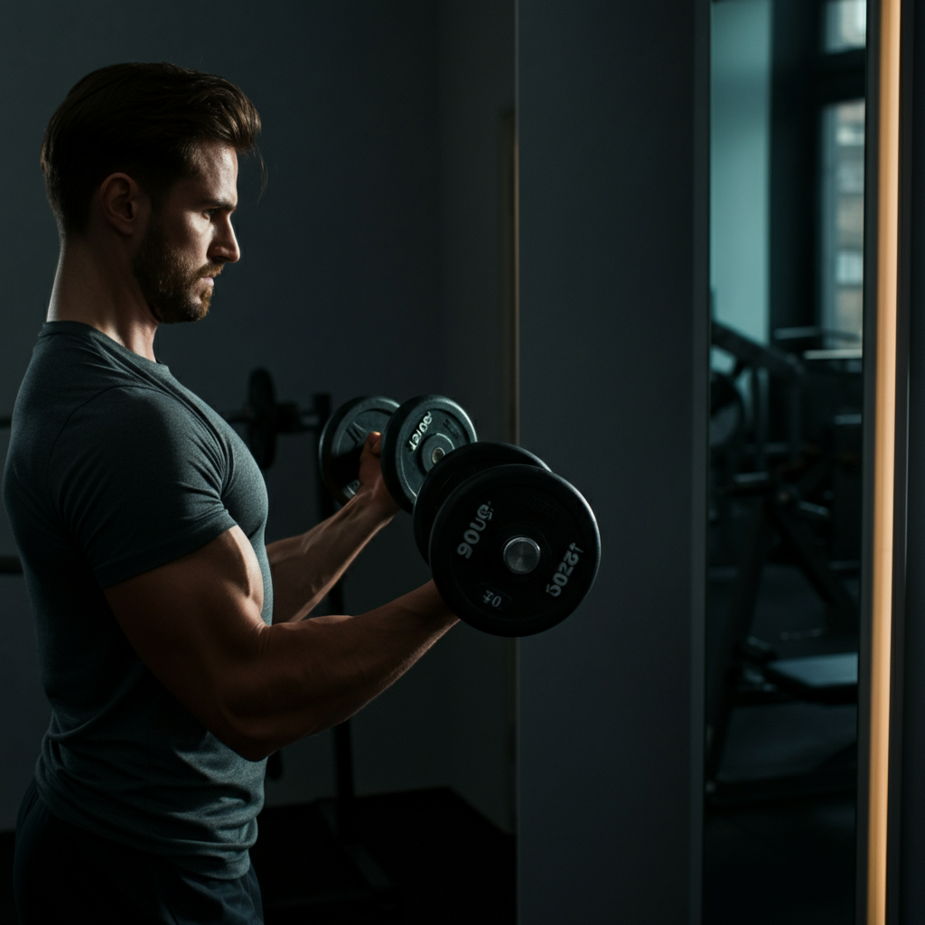 Man practicing bicep curls in front of a mirror, concentrating on his form. Soft side lighting.