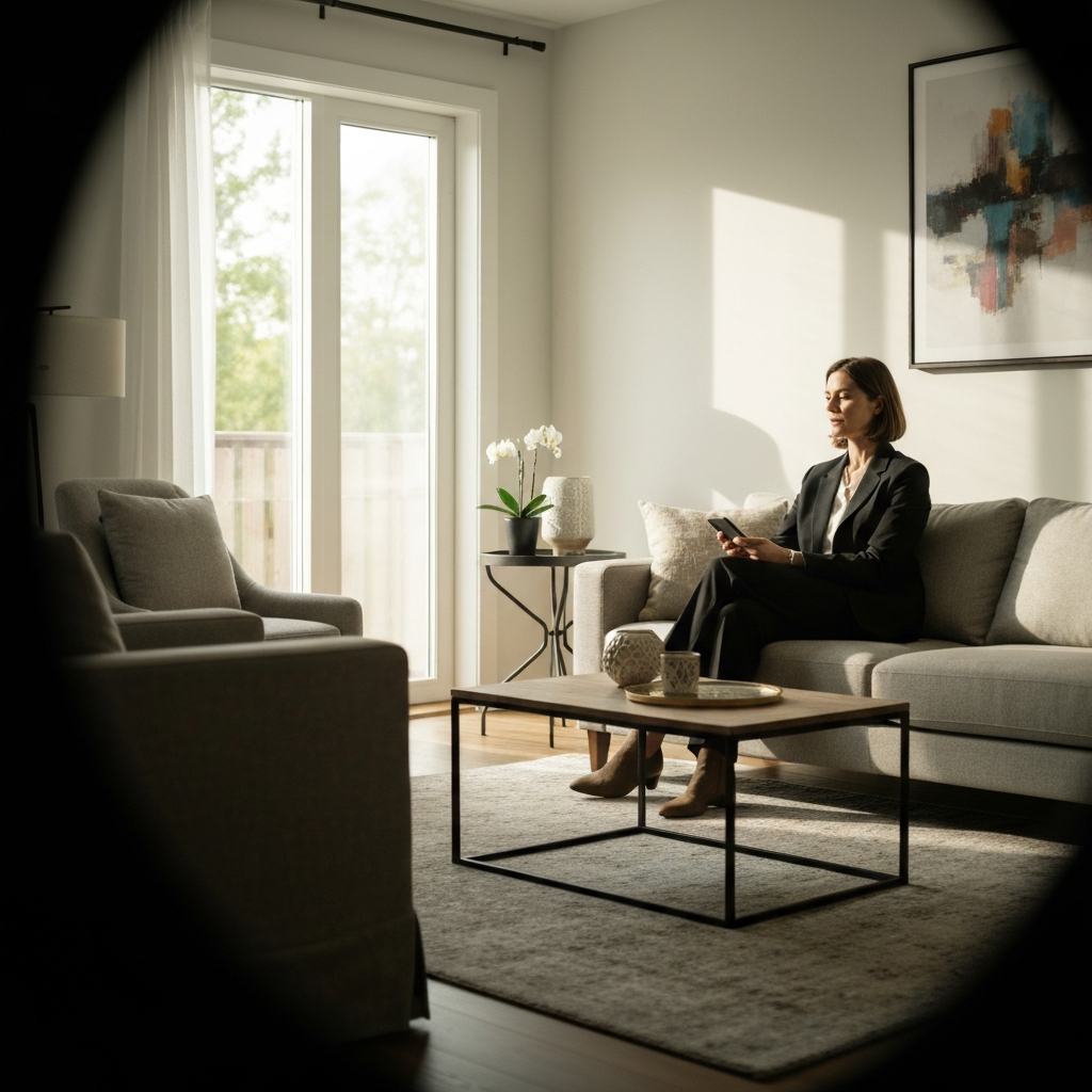 A brightly lit living room, captured with a wide-angle lens. Soft, natural light streams in through a large window, illuminating the tastefully decorated space. Focus is on a comfortable sofa and a stylish coffee table, with subtle textures and color pops.