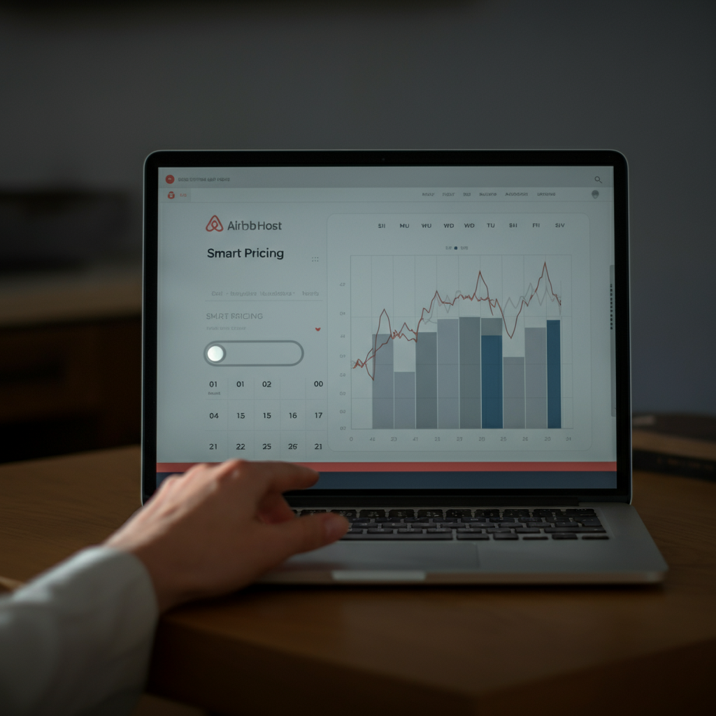 A laptop displaying an Airbnb host's calendar. A hand hovers over the "Smart Pricing" toggle, with a focus on the data visualization of price fluctuations over time.