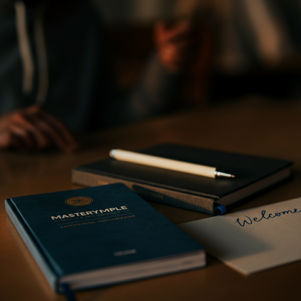 A close-up shot of a handwritten welcome note on a desk, next to a carefully arranged guidebook. Soft focus emphasizes the personal touch.