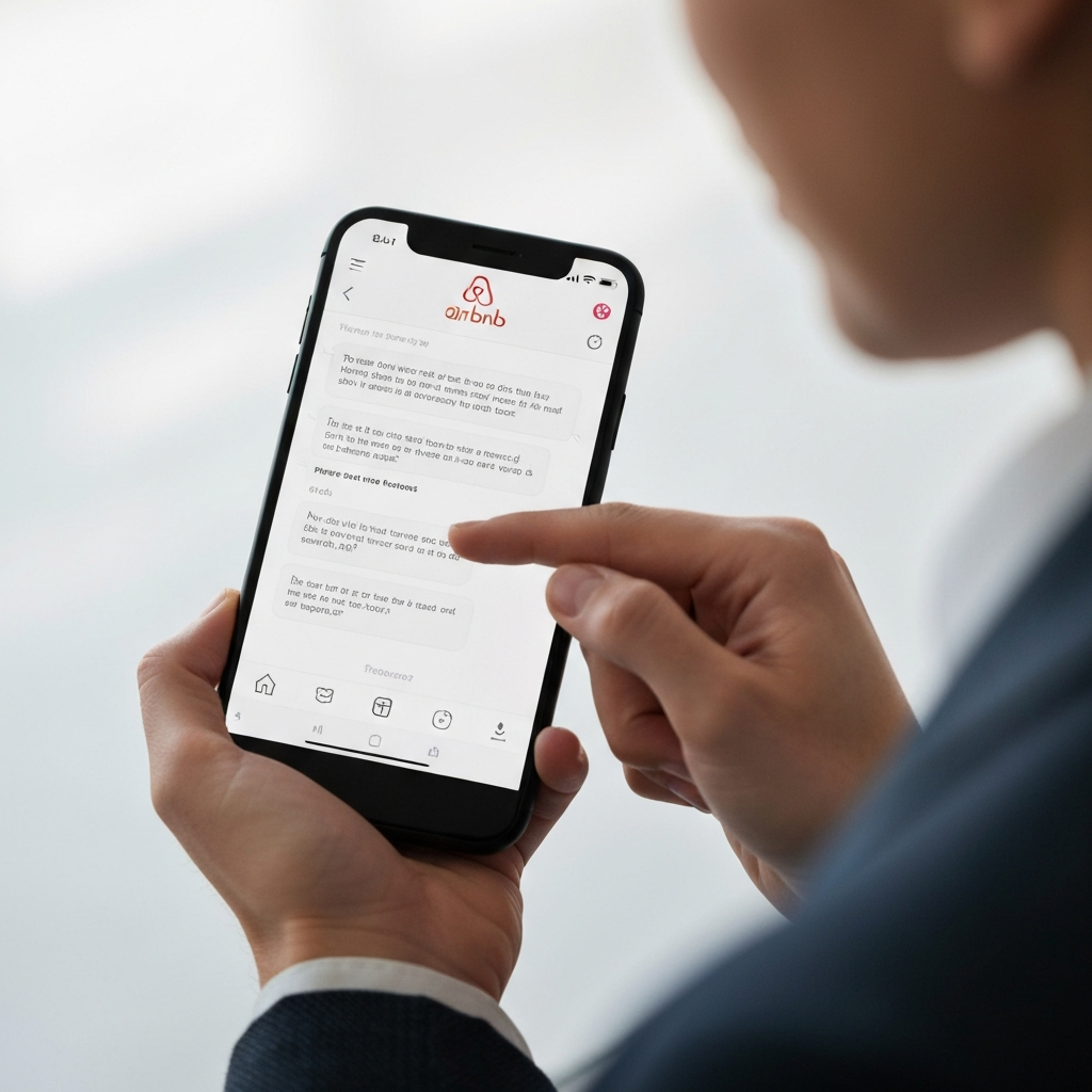 A person holding a smartphone, interacting with the Airbnb messaging app. Focus on the friendly and helpful text exchange displayed on the screen.