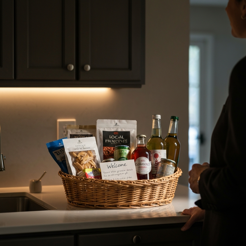 A beautifully arranged welcome basket on a kitchen counter, filled with local snacks, drinks, and a handwritten welcome note. Soft, warm lighting emphasizes the inviting atmosphere.