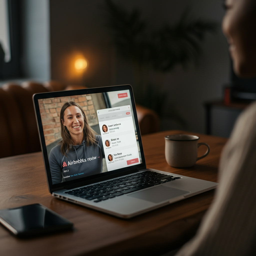 A laptop screen displaying positive Airbnb reviews, with a smiling face reflected in the screen. The background features a cozy home office setting.