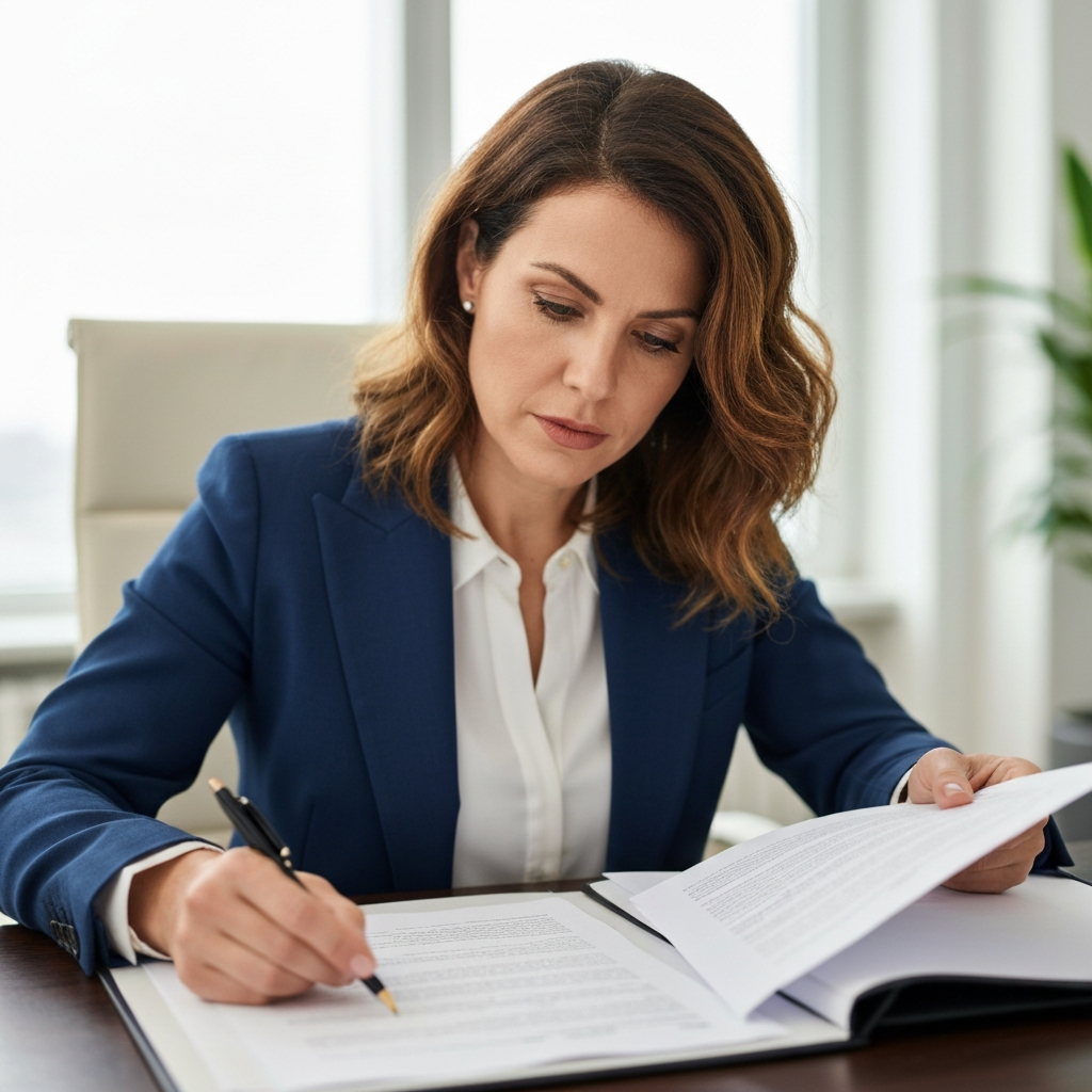 A person studying legal documents in a well-lit office, with a focus on the text and the thoughtful expression on their face.
