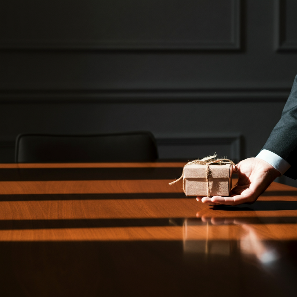 A side-lit close-up of a hand offering a small, neatly wrapped gift box on a polished wooden desk. Soft, warm lighting emphasizes the texture of the wrapping paper and the grain of the wood.