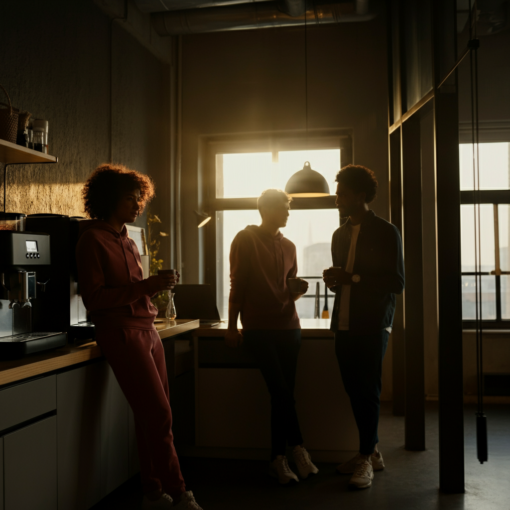 A group of diverse colleagues in a modern office, engaged in a casual conversation near a coffee machine. Natural light filters through the windows, creating long shadows.