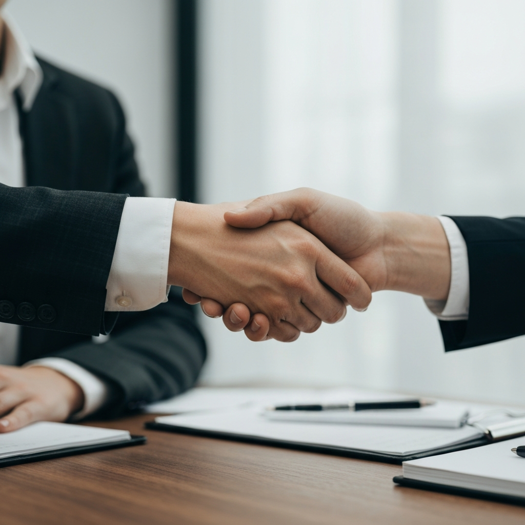A close-up shot of two hands shaking firmly over a conference table. The hands are well-manicured and the lighting is soft and diffused, highlighting the texture of the skin and the fabric of the sleeves.