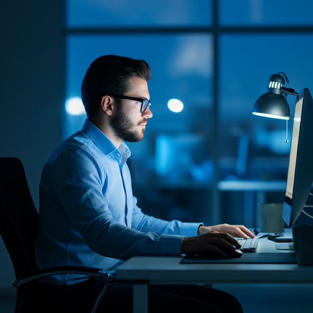 An office worker sitting alone at their desk, illuminated by the blue light of their computer screen. The background is blurred, creating a sense of isolation. The lighting is cool and contrasty.