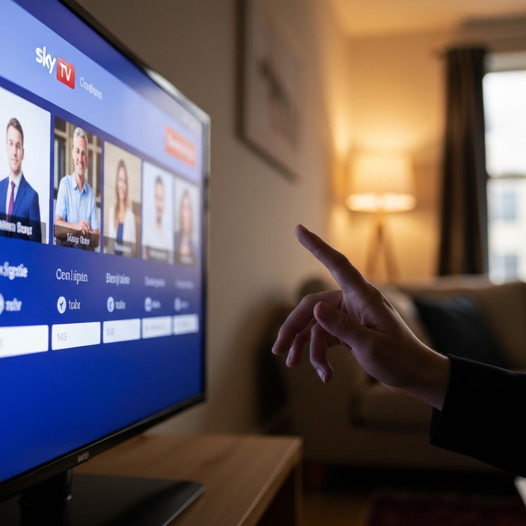 Close-up of a hand scrolling through a Sky TV guide on a television screen, soft focus on the background living room, warm ambient lighting.