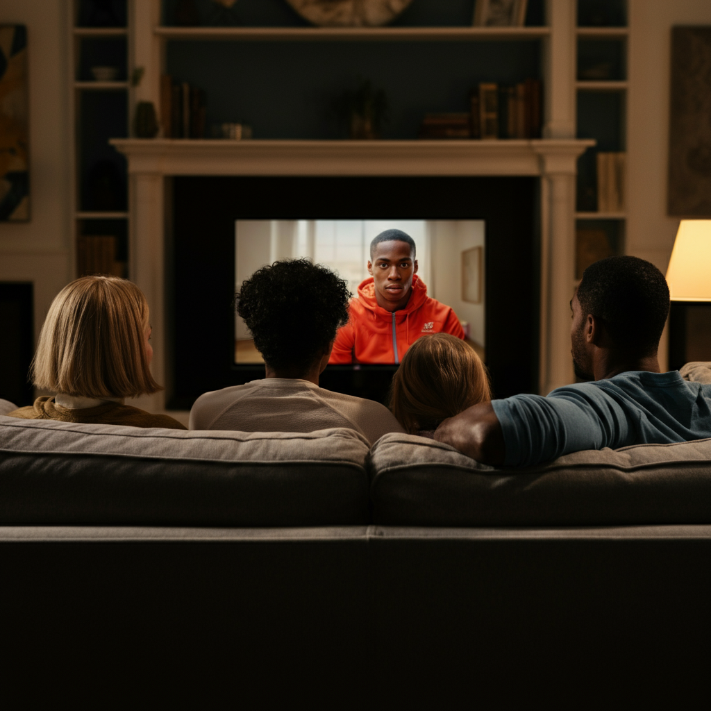 A family gathered on a sofa, watching television. The screen displays a highlight reel from an awards show. Soft, warm lighting creates a cozy atmosphere.