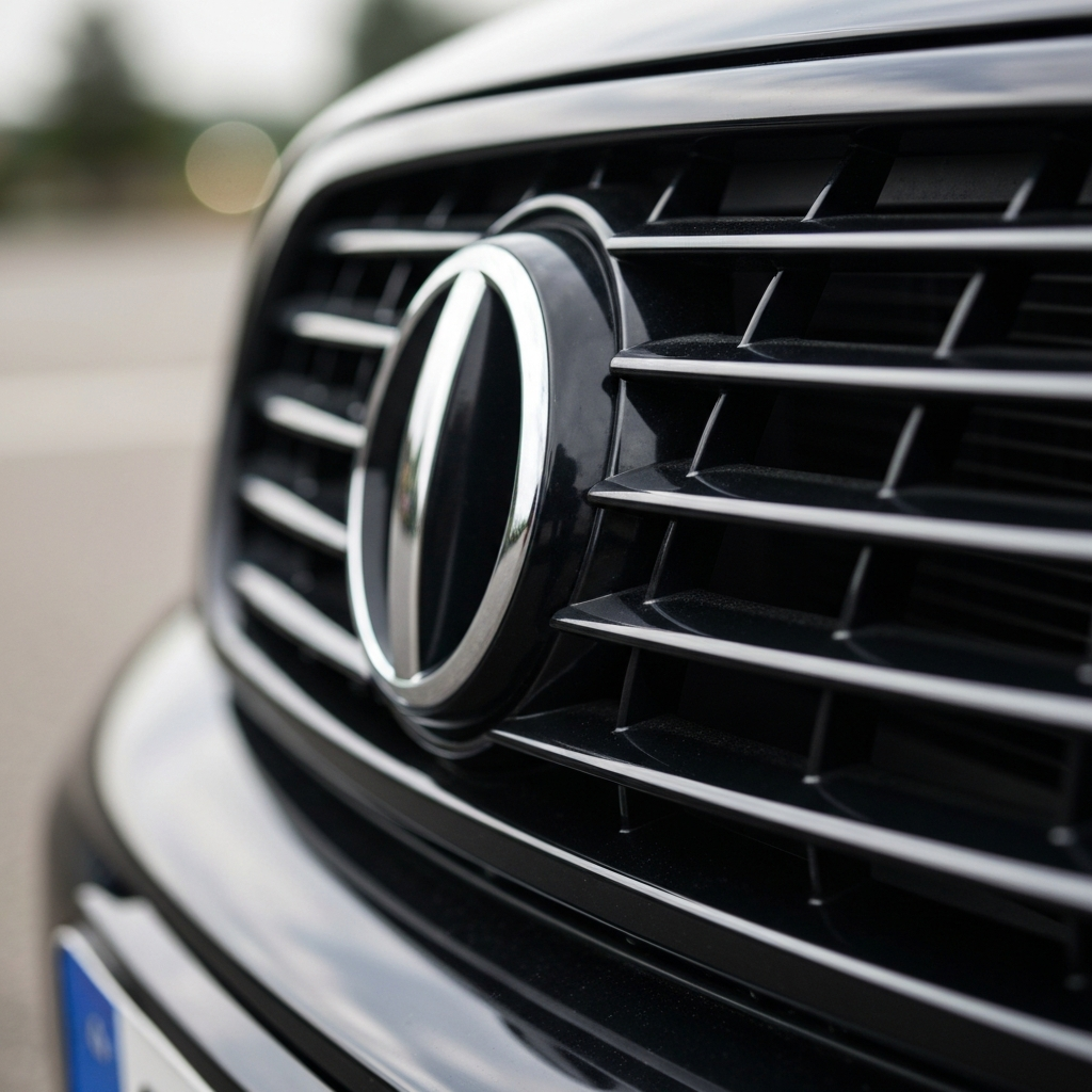 Close-up shot of a car's front grille, showcasing a prominent manufacturer's logo. Focus is on the metallic texture of the logo against the dark background of the grille. Soft bokeh in the background.