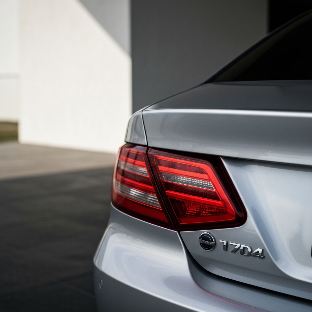 Rear view of a silver sedan. Soft, diffused light highlighting the car model badge next to the manufacturer's logo on the trunk. Shallow depth of field to blur the background.