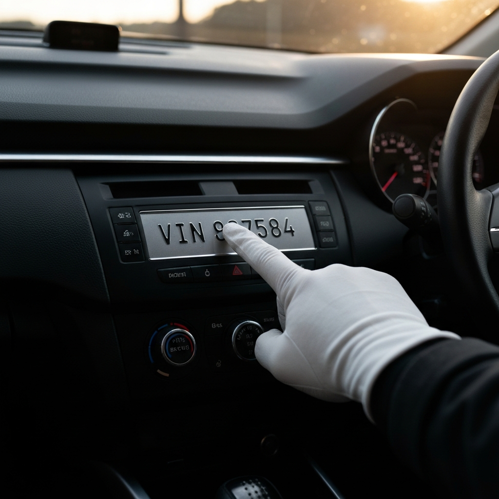 A gloved hand pointing to the VIN plate on the driver's side dashboard of a car. Soft, warm lighting creating a clear view of the engraved numbers. The interior is clean and well-maintained.