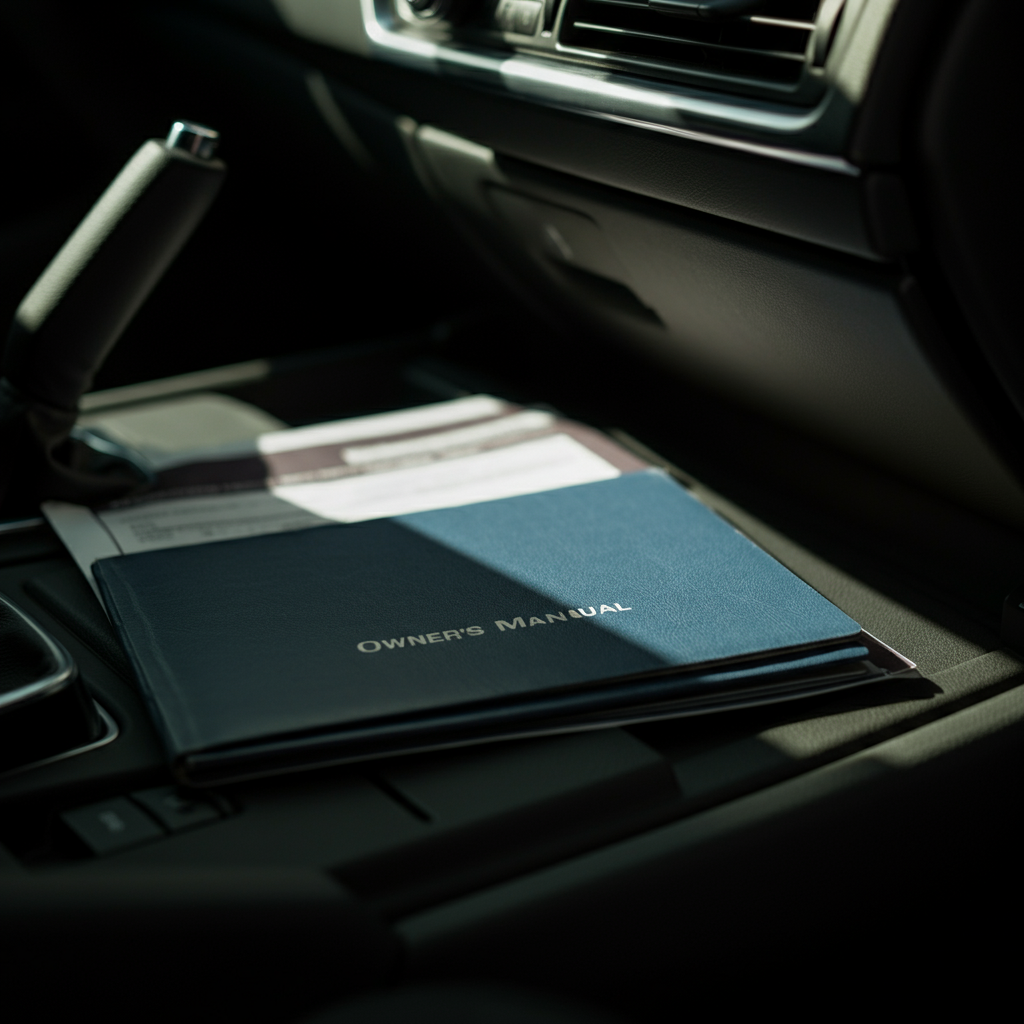 A neatly organized car glove compartment with an open owner's manual on top. Natural sunlight softly illuminating the manual and registration papers. Focus on the crisp texture of the pages.