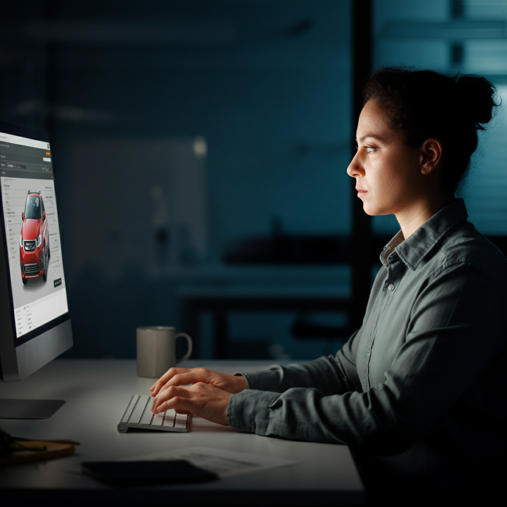 A person sitting at a desk, illuminated by the soft glow of a computer screen. They are typing into an online vehicle database. Background is a blurred office setting.