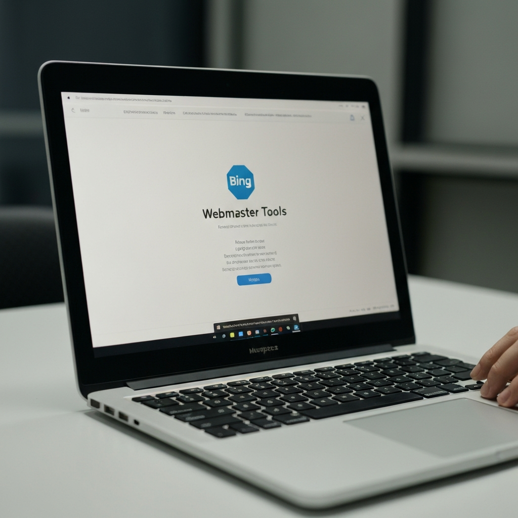 A close-up shot of a laptop screen displaying the Bing Webmaster Tools login page. The laptop sits on a clean, modern desk with a soft, diffused light illuminating the keyboard. Focus is sharp on the screen's text, slightly blurred in the background.