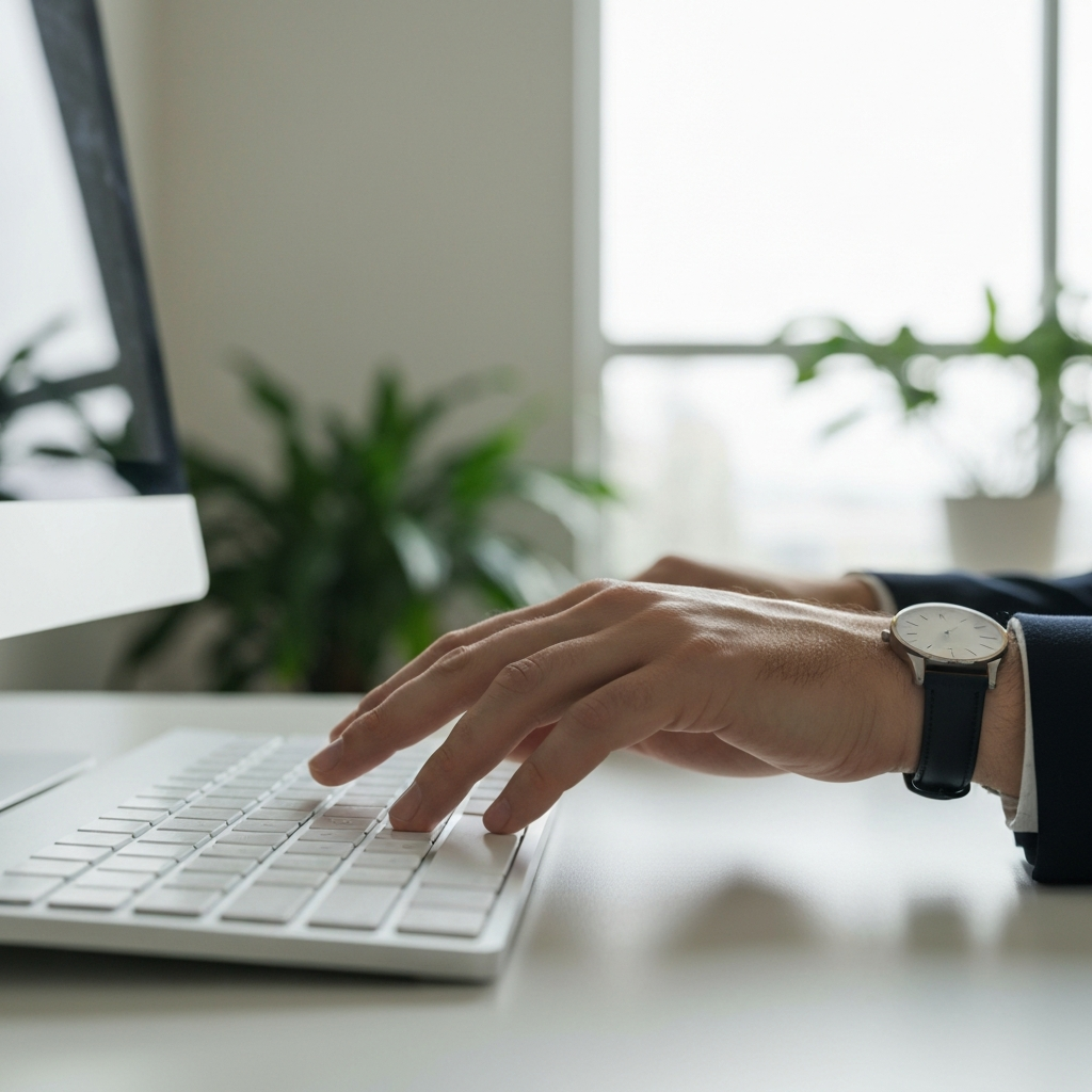 A hand hovers over a computer keyboard, about to press the "Enter" key. The hand is well-groomed and wearing a simple, elegant watch. Soft focus on the background, which shows a blurred office environment with plants and natural light.