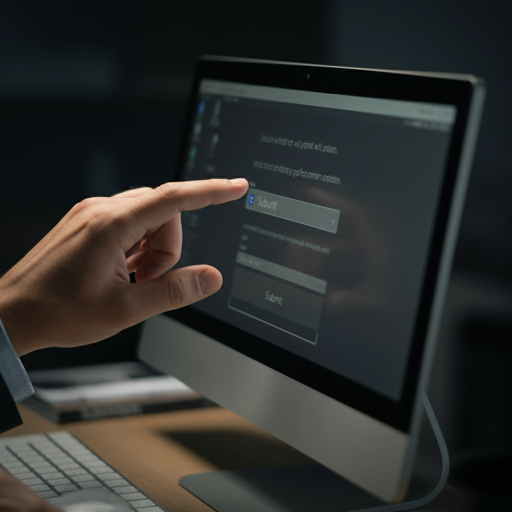 A person typing a URL into a text box on a computer screen. The fingers are blurred, indicating movement. The screen displays a clean, professional interface with a clear "Submit" button. The background is out of focus, showing a bright, modern office space.