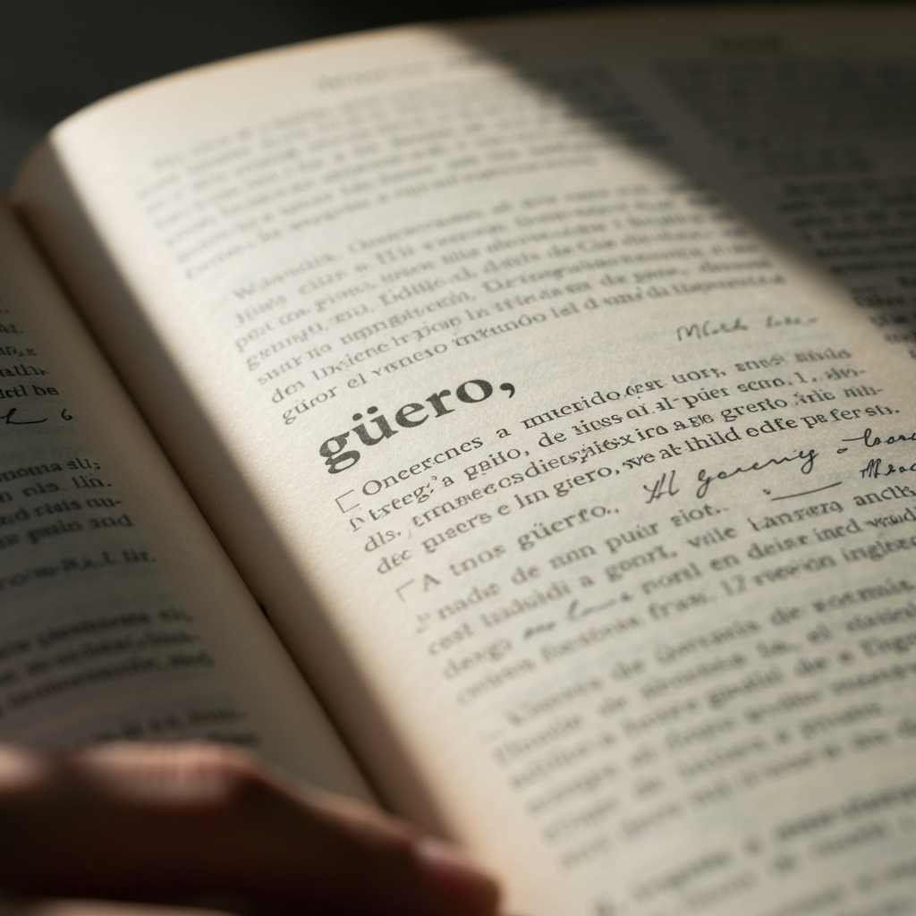 A close-up shot of a vintage Spanish-English dictionary open to the word "güero," with soft, diffused light illuminating the aged paper and handwritten annotations.