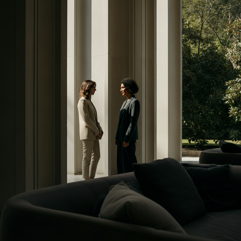 A medium shot of two women, one with fair skin and light brown hair, and the other with olive skin and dark hair, standing side-by-side in a brightly lit park, engaged in conversation.