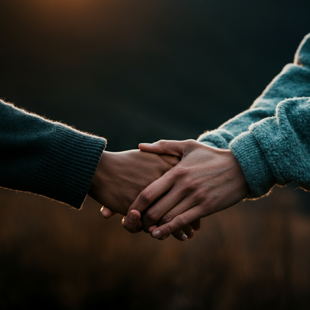 A softly lit close-up of two hands clasped together, focus on the texture of the skin and the subtle details of the fingers. The background is blurred, suggesting intimacy and affection.